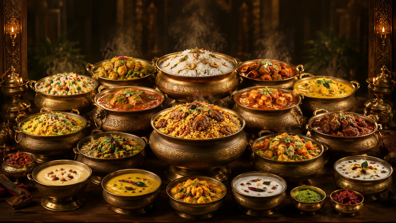 Lavish South Indian catering setup with golden brass vessels