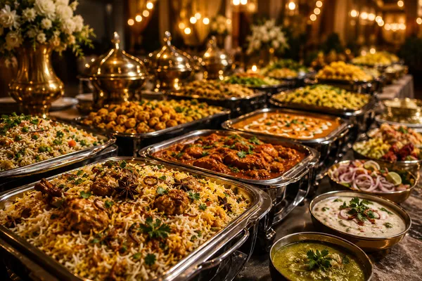 Professional corporate event buffet with modern presentation