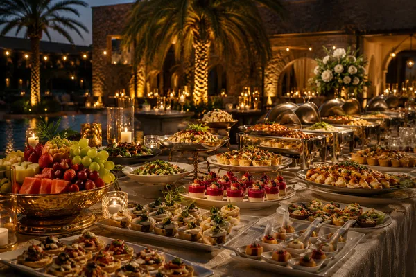 Outdoor festive gathering with traditional food spread and marigold decorations