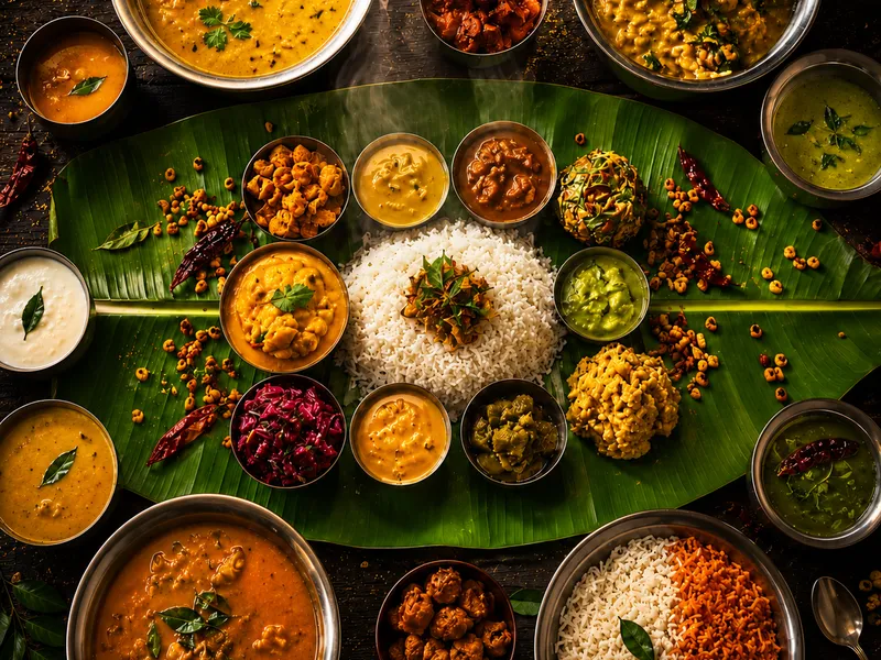 Traditional South Indian Thali served on fresh banana leaf with vibrant curries and rice