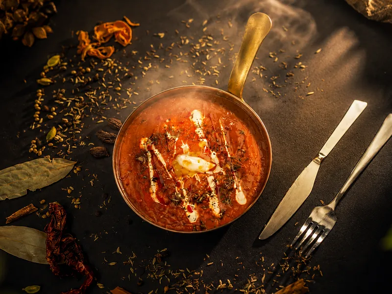 Ornate brass vessels filled with aromatic dishes under warm lighting